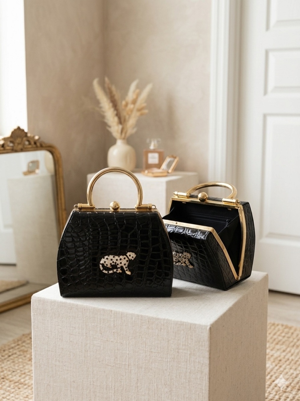 Vintage Black Croc Embossed Top Handle Handbag Rhinestone Cheetah Jaguar Clutch